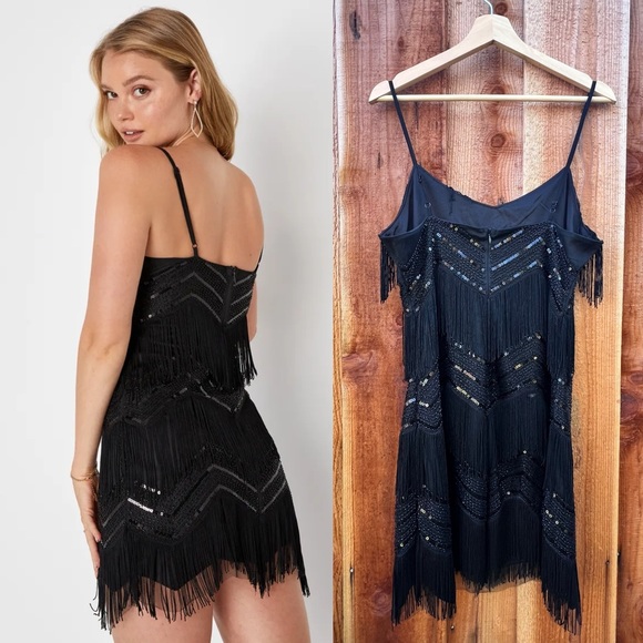 Black Sequin Fringe Flapper Mini Cocktail Dress 🌿 - Picture 3 of 10